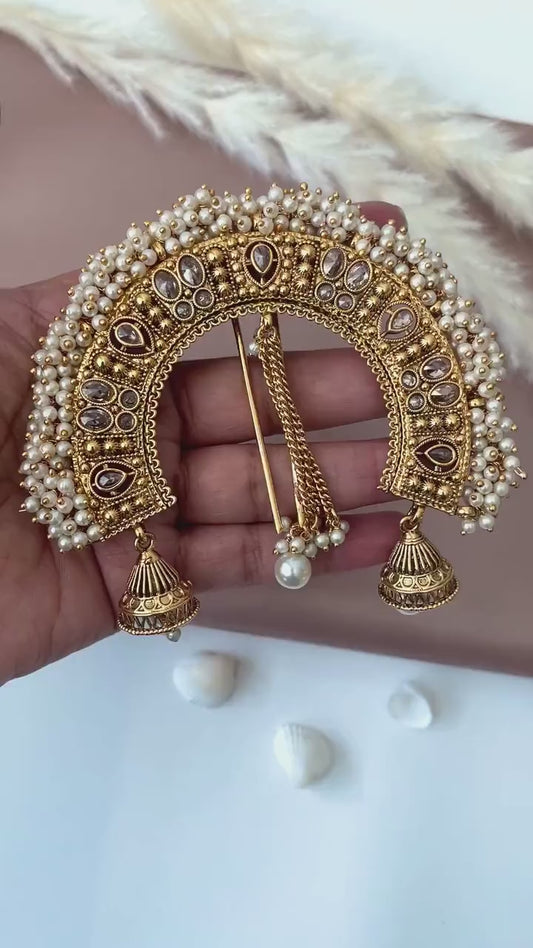 Antique Gold Plated Bridal Hair Bun Accessory: Kundan & Faux Pearl Juda Jewelry