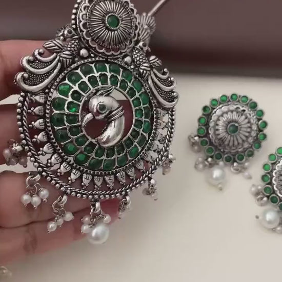 Oxidized Peacock Necklace Set: Kemp Stone Temple Jewelry