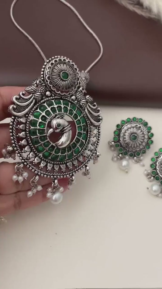 Oxidized Peacock Necklace Set: Kemp Stone Temple Jewelry