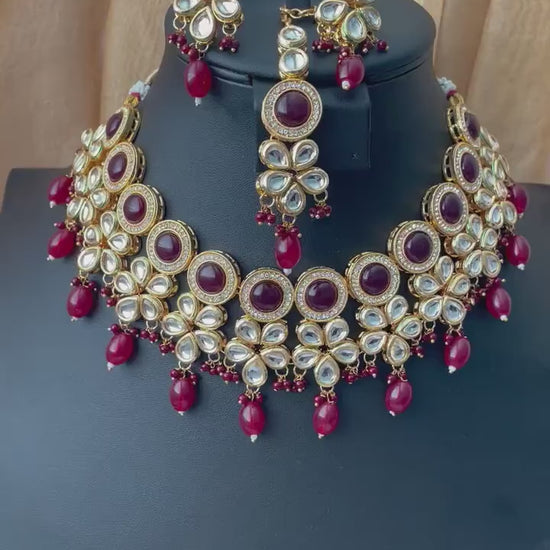 Maroon color kundan and AD necklace set with Maang tika | bridal jewelry