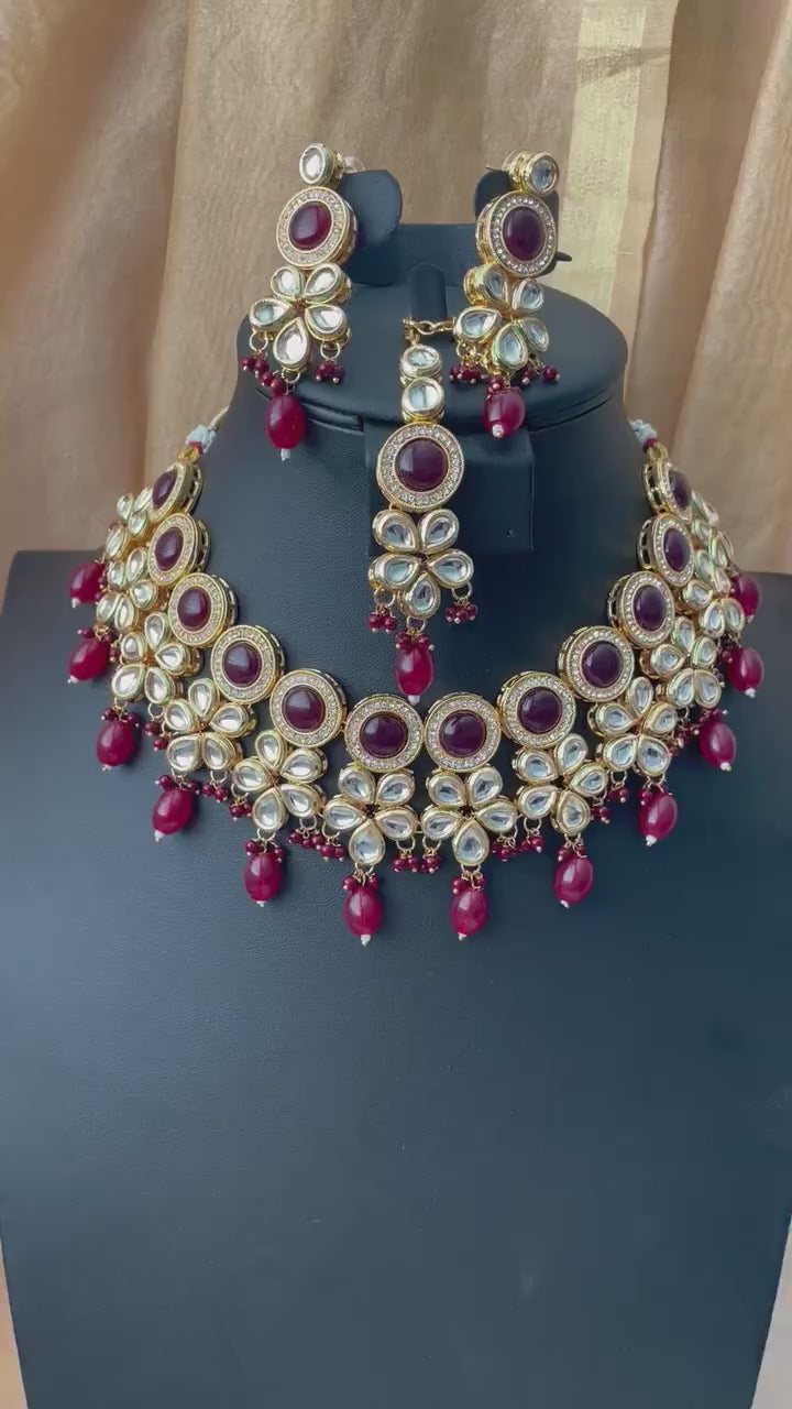 Maroon color kundan and AD necklace set with Maang tika | bridal jewelry
