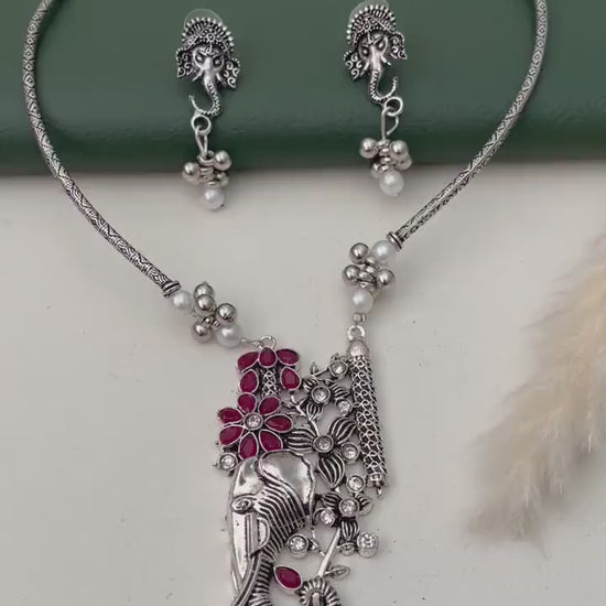 Restocked : Ganapati Choker necklace with earrings unique Oxidised neckpiece