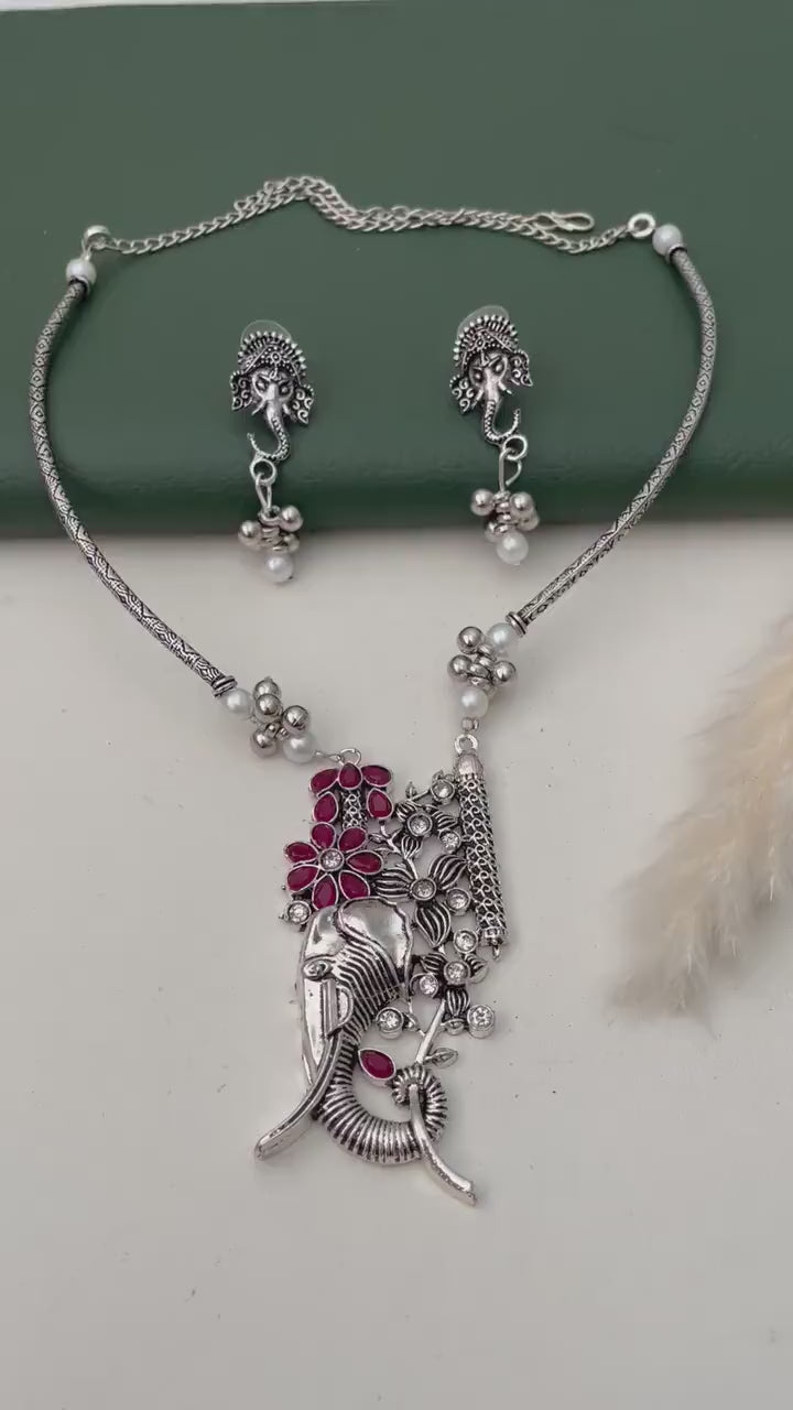 Restocked : Ganapati Choker necklace with earrings unique Oxidised neckpiece