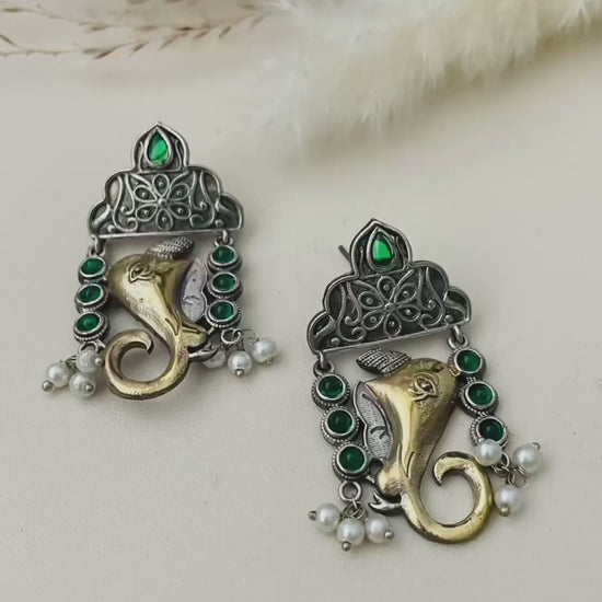 Dual tone Ganapati Earrings: Green & Gold Navratri Jewelry