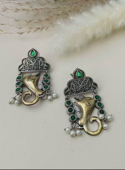 Dual tone Ganapati Earrings: Green & Gold Navratri Jewelry