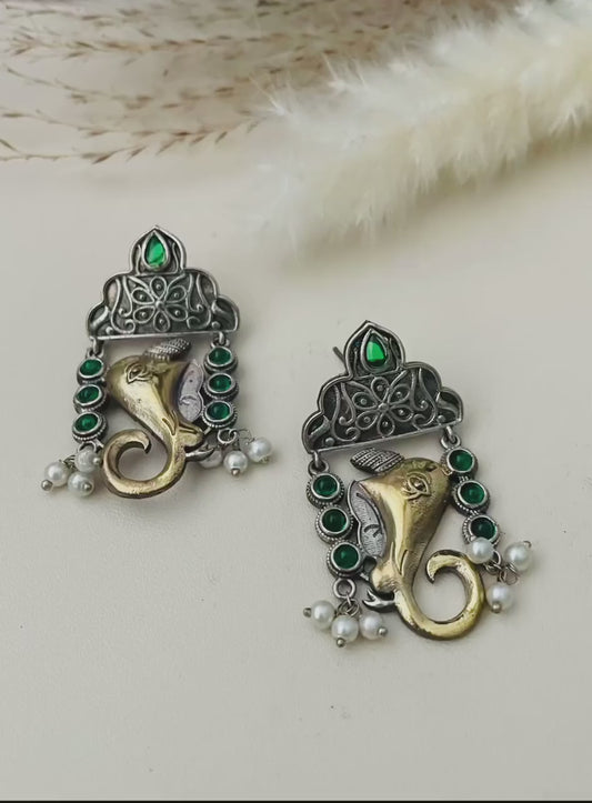 Dual tone Ganapati Earrings: Green & Gold Navratri Jewelry