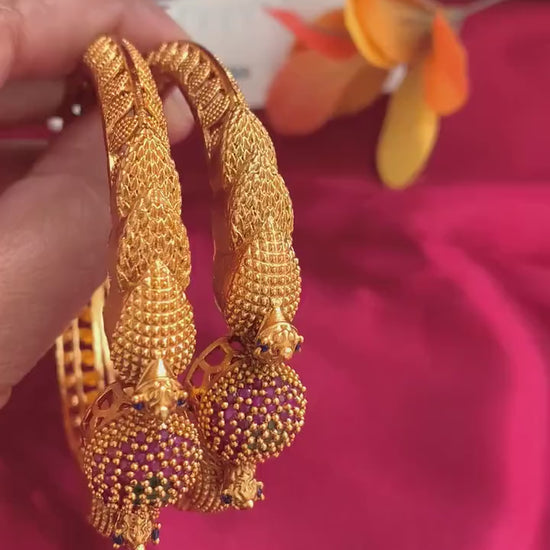 Gold Plated Indian Bangles: Ruby Green Minakari Stone Kada (Pair)