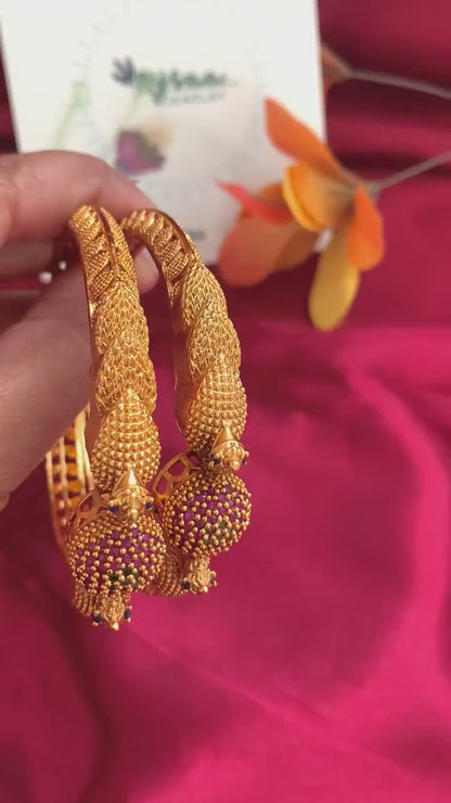 Gold Plated Indian Bangles: Ruby Green Minakari Stone Kada (Pair)