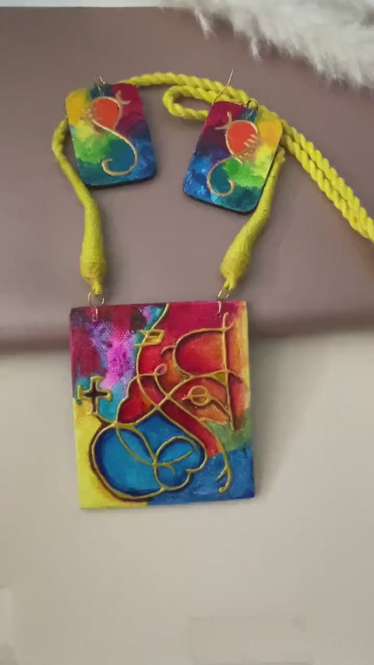 Hand painted Ganapati Necklace set with earrings | Only at Nysaa