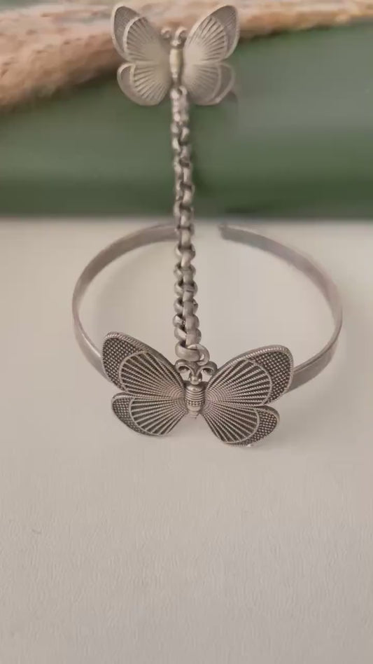 Oxidised butterfly themed ring bracelet haath panja : Adjustable