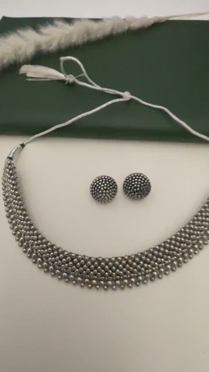 Traditional Maharashtrian Oxidised Thushi necklace set with matching earrings