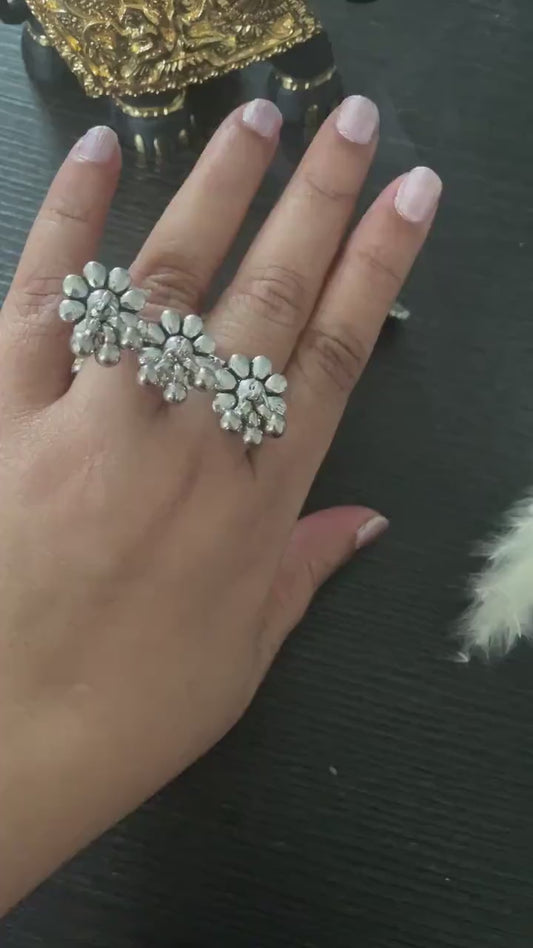 Oxidized Silver Two Finger Ring: Daisy Statement Ring