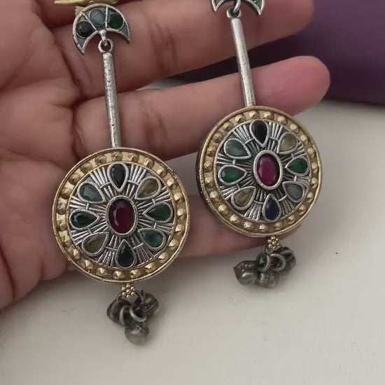 Dual tone multicolored stone earrings