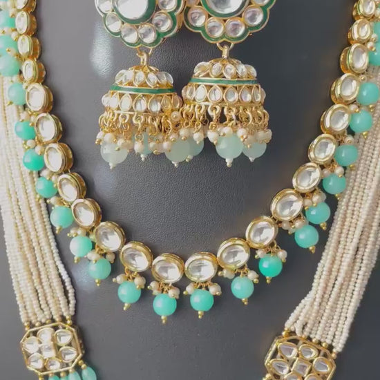 Aqua Kundan Necklace Set: Multilstrand Beaded long necklace Indian Jewelry