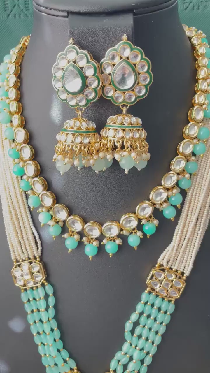 Aqua Kundan Necklace Set: Multilstrand Beaded long necklace Indian Jewelry