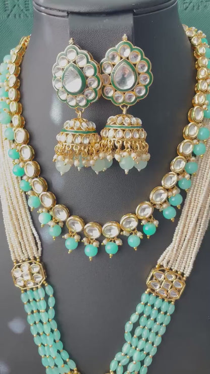 Aqua Kundan Necklace Set: Multilstrand Beaded long necklace Indian Jewelry