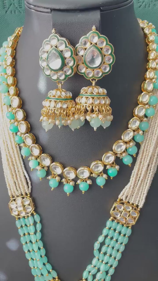 Aqua Kundan Necklace Set: Multilstrand Beaded long necklace Indian Jewelry