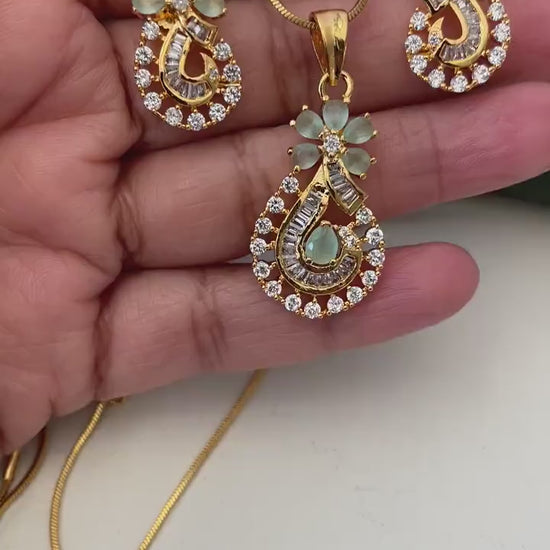 Gold Plated Mint CZ Pendant Necklace & Earrings Set
