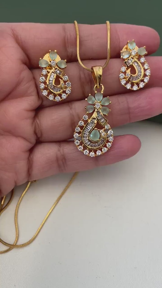 Gold Plated Mint CZ Pendant Necklace & Earrings Set