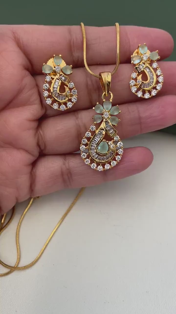 Gold Plated Mint CZ Pendant Necklace & Earrings Set