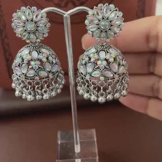 Oxidized Jhumkis rhinestone Earrings: Traditional Indian Style, 2-inch Length