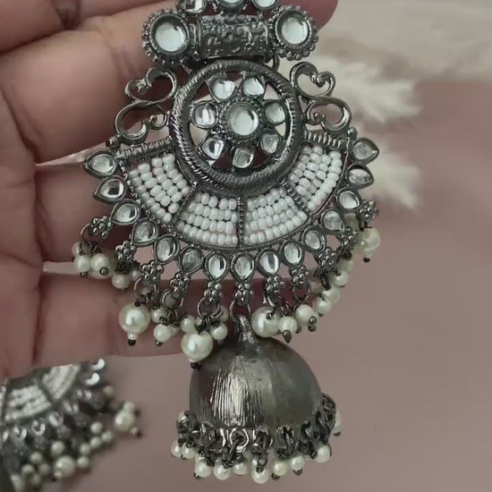 Oxidized Jhumki Earrings with Pearl Chain: Black Kundan Jewelry