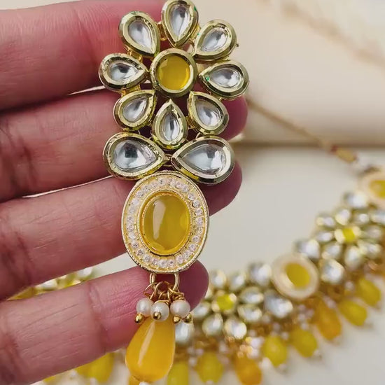 Yellow Kundan Choker Set: Bridal Jewelry with Pearls & CZ