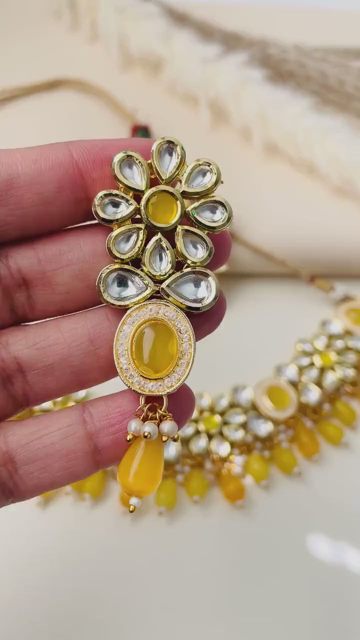 Yellow Kundan Choker Set: Bridal Jewelry with Pearls & CZ