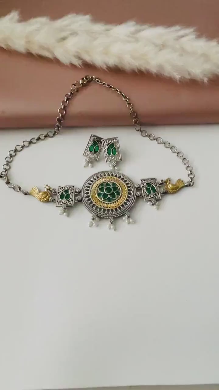 Oxidized Choker Necklace & Earrings Set: Indian Style Jewelry