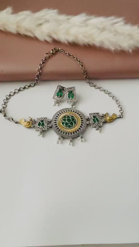 Oxidized Choker Necklace & Earrings Set: Indian Style Jewelry