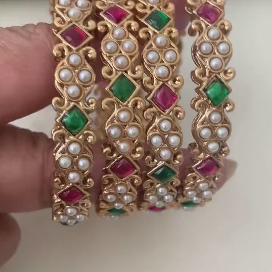 Yellow gold plated Maharastrian motyachya bangadya Pearl kemp stone bangles