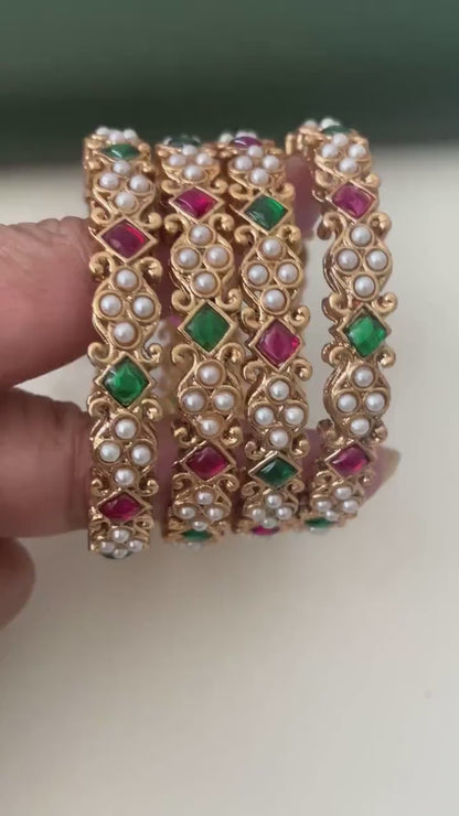 Yellow gold plated Maharastrian motyachya bangadya Pearl kemp stone bangles