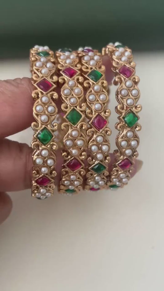 Yellow gold plated Maharastrian motyachya bangadya Pearl kemp stone bangles