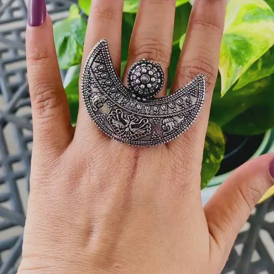 Oxidized Silver Radha Krishna Ring: Adjustable Oversized Statement