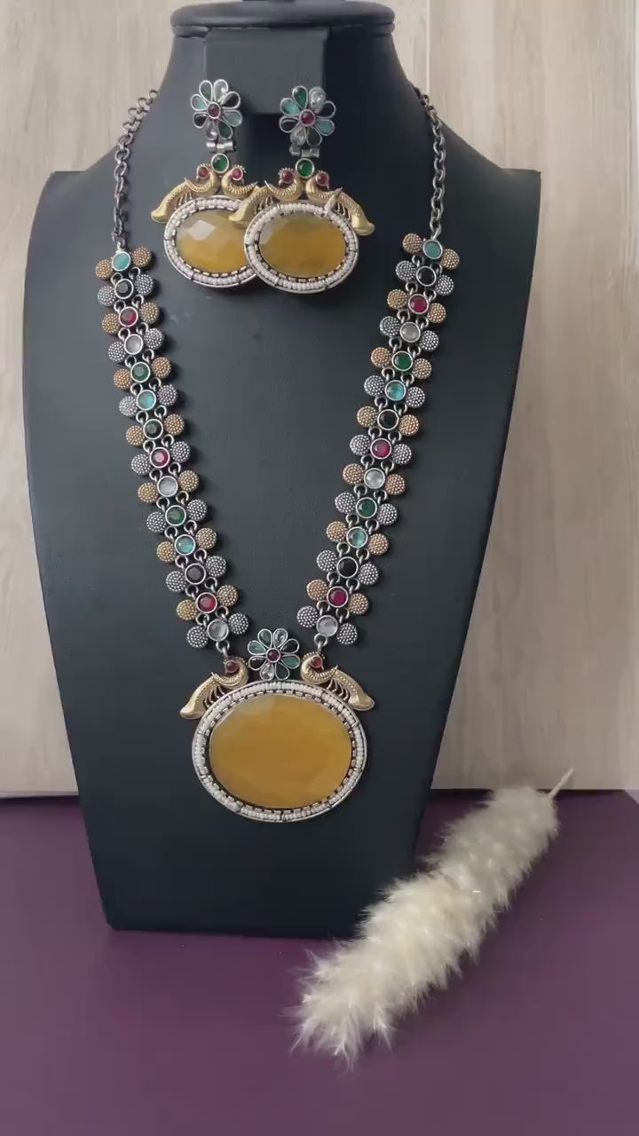 Oxidized Necklace Set: Ruby Mona Lisa Stone, Temple Jewelry