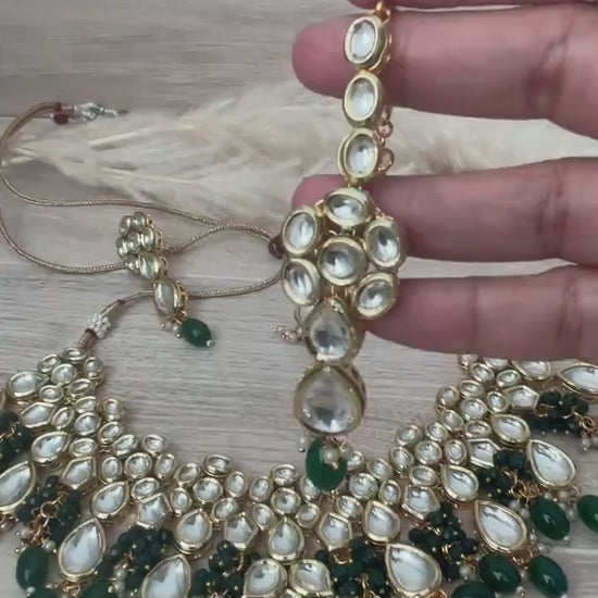Dark Green Kundan Choker Set: Bridal Jewelry with Earrings & Maang Tikka