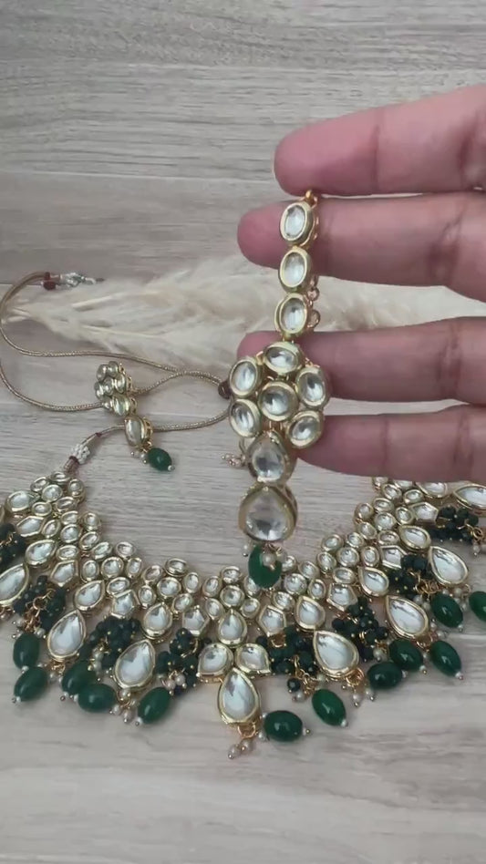 Dark Green Kundan Choker Set: Bridal Jewelry with Earrings & Maang Tikka