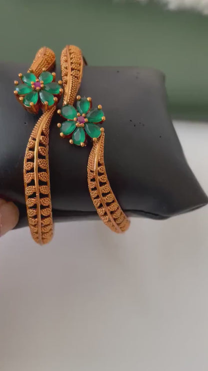 Antique Gold Plated Bangles: Red & Green Flower Lightweight Tode