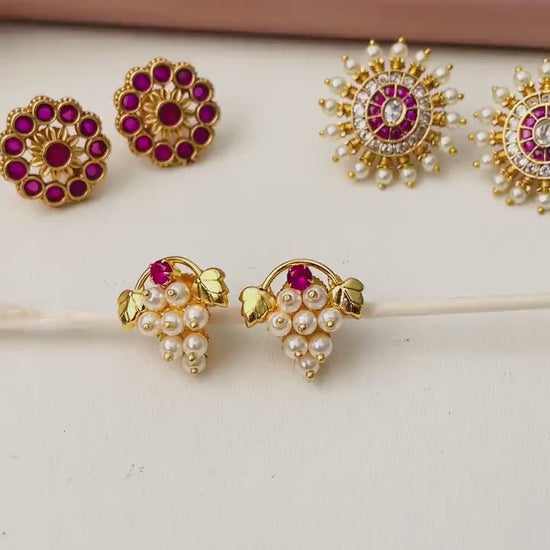 Maharashtrian Kudi Earrings: Ruby, Pearl & CZ Gold Plated Earrings