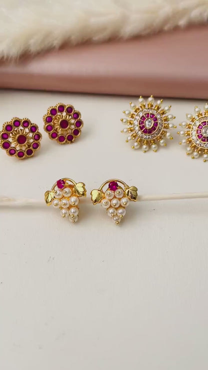 Maharashtrian Kudi Earrings: Ruby, Pearl & CZ Gold Plated Earrings