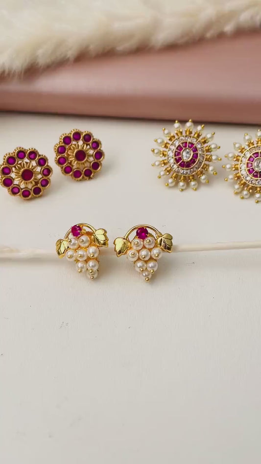 Maharashtrian Kudi Earrings: Ruby, Pearl & CZ Gold Plated Earrings