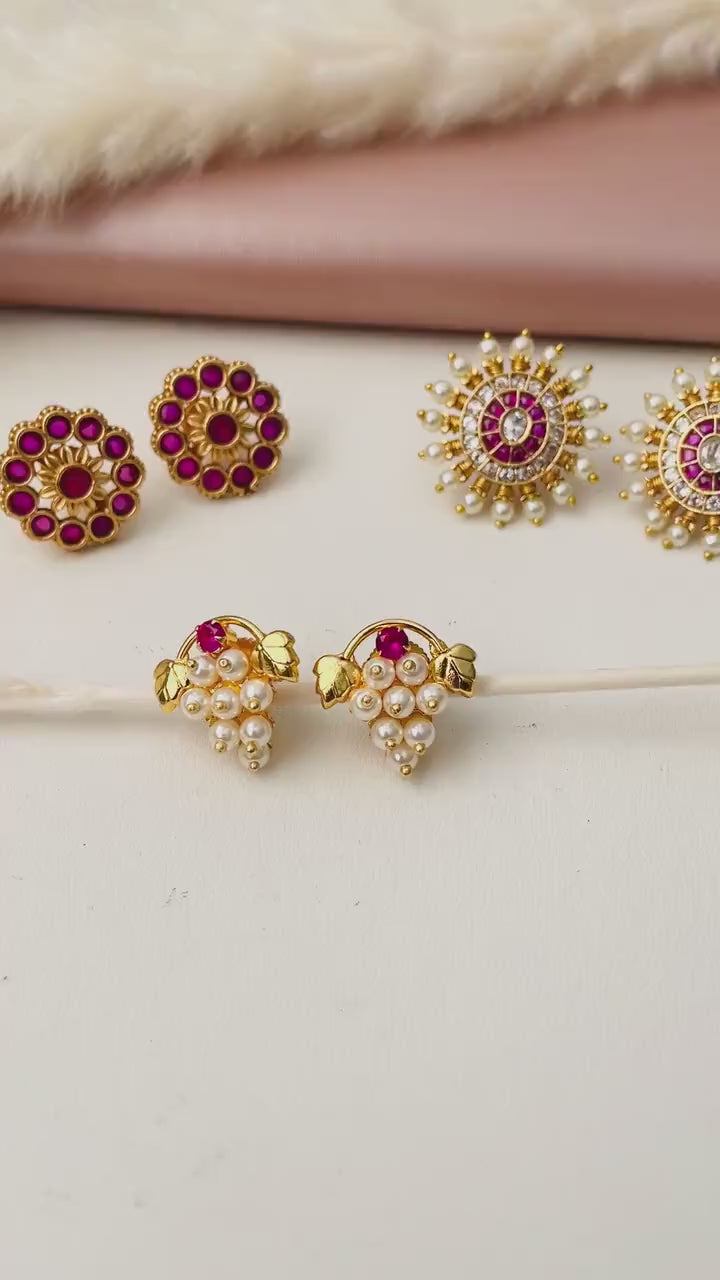 Maharashtrian Kudi Earrings: Ruby, Pearl & CZ Gold Plated Earrings