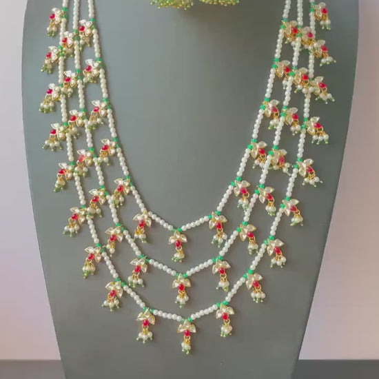 White Pearl Kundan Raanihaar: 3-Layer Necklace with matching jhumkis