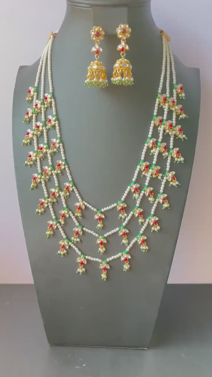 White Pearl Kundan Raanihaar: 3-Layer Necklace with matching jhumkis