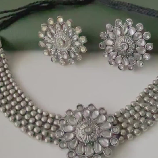 Oxidized Kolhapuri Choker Necklace with Stud Earrings: Adjustable Indian Jewelry