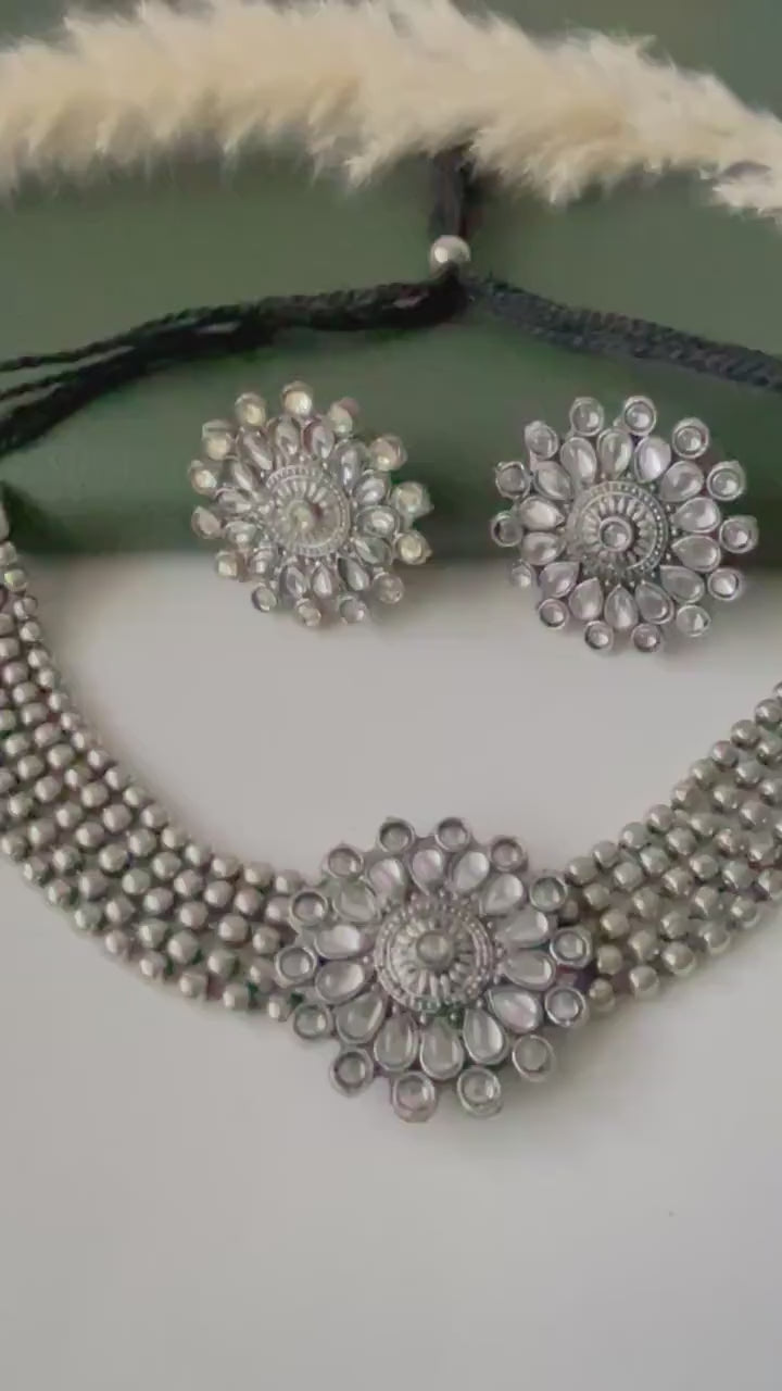Oxidized Kolhapuri Choker Necklace with Stud Earrings: Adjustable Indian Jewelry