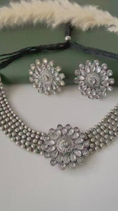 Oxidized Kolhapuri Choker Necklace with Stud Earrings: Adjustable Indian Jewelry