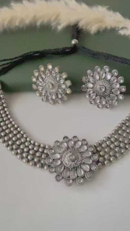 Oxidized Kolhapuri Choker Necklace with Stud Earrings: Adjustable Indian Jewelry