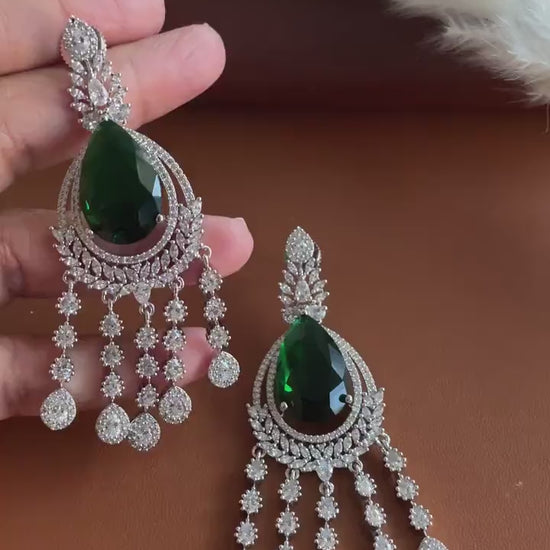 Nysaa Green Emerald CZ earrings in Rhodium plating | Bridal Jewelry | Eid Jewelry
