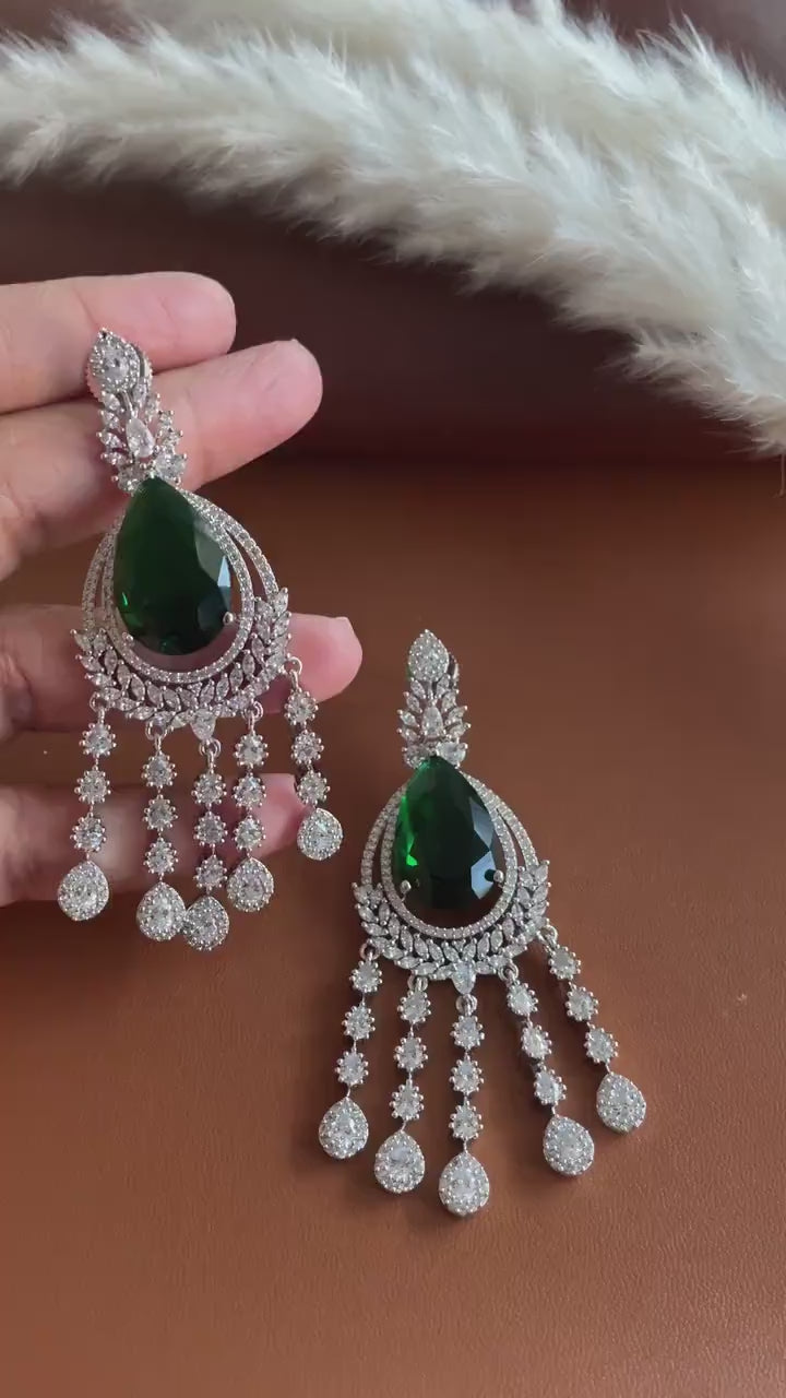 Nysaa Green Emerald CZ earrings in Rhodium plating | Bridal Jewelry | Eid Jewelry